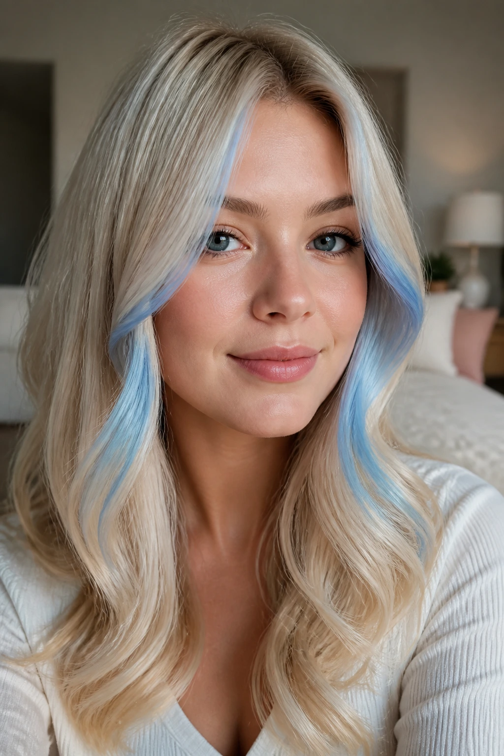 Close-up portrait of a real woman with pearl blonde hair and a powder blue face frame.