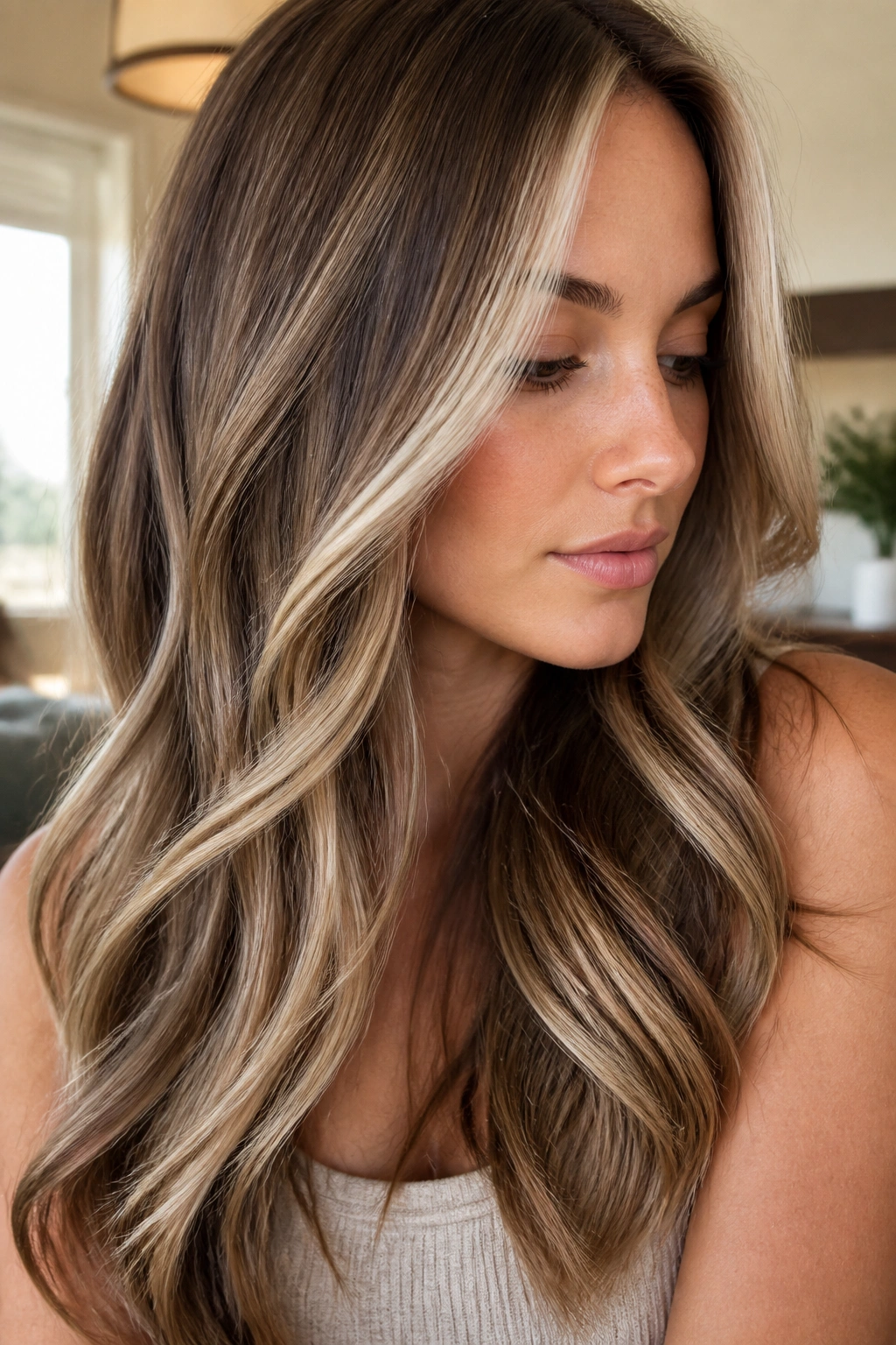 Real woman with pearl blonde ribbons woven into brown hair, soft waves