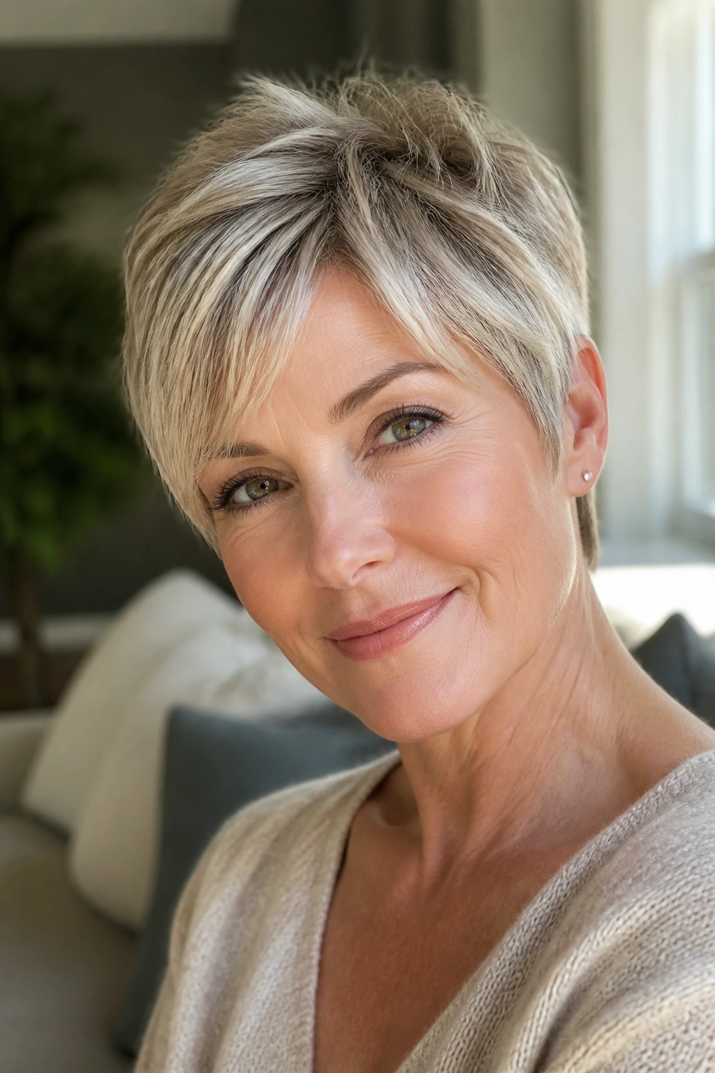 Close-up portrait of a real woman with pearl blonde highlights on short crop