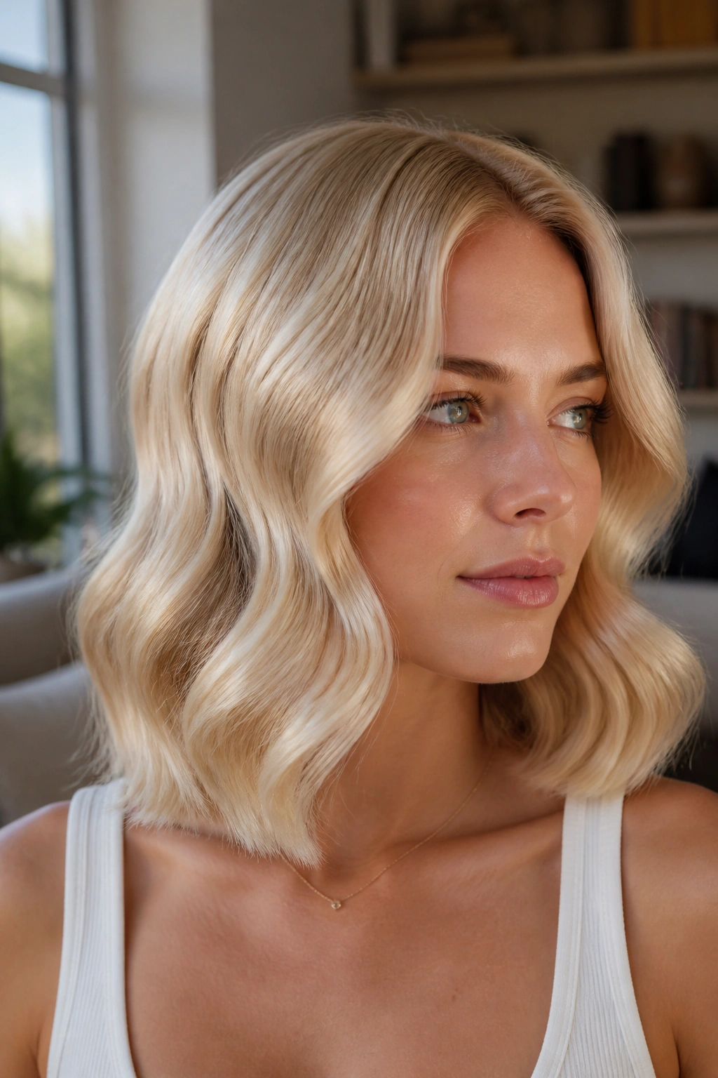 Close-up portrait of a real woman with pearl blonde smooth waves reflecting light