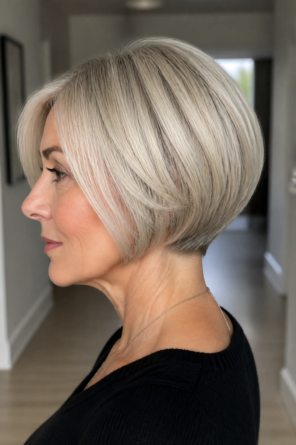 Close-up of a real woman with a pearl blonde bob and tapered back in a modern home