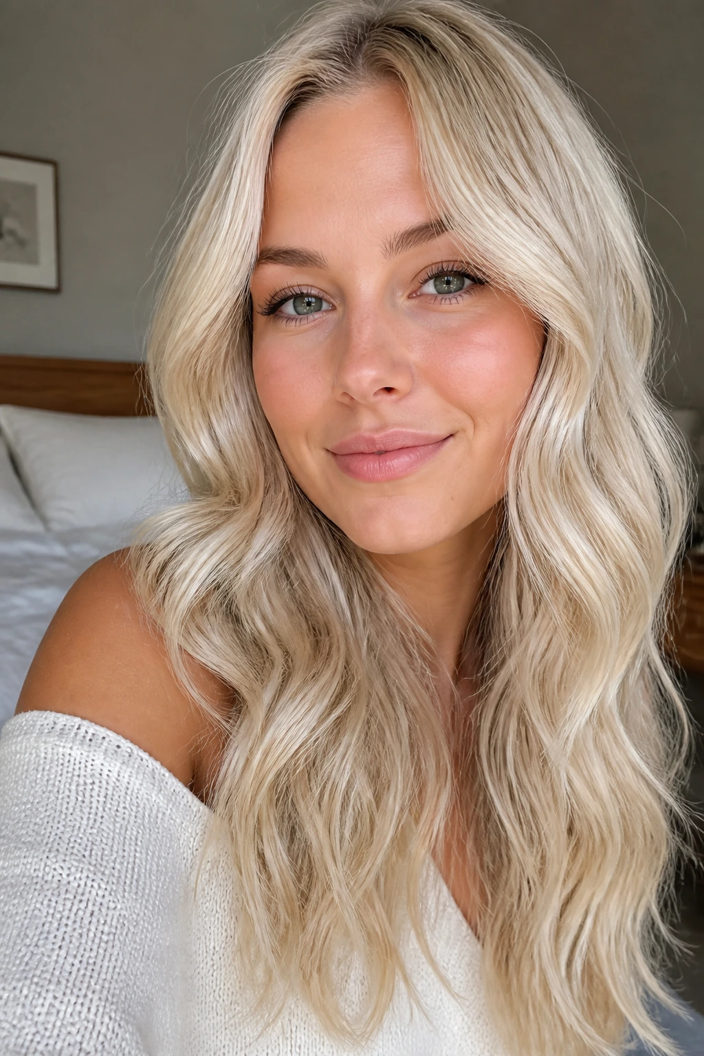 Close-up portrait of a real woman with pearl blonde waves in soft window light