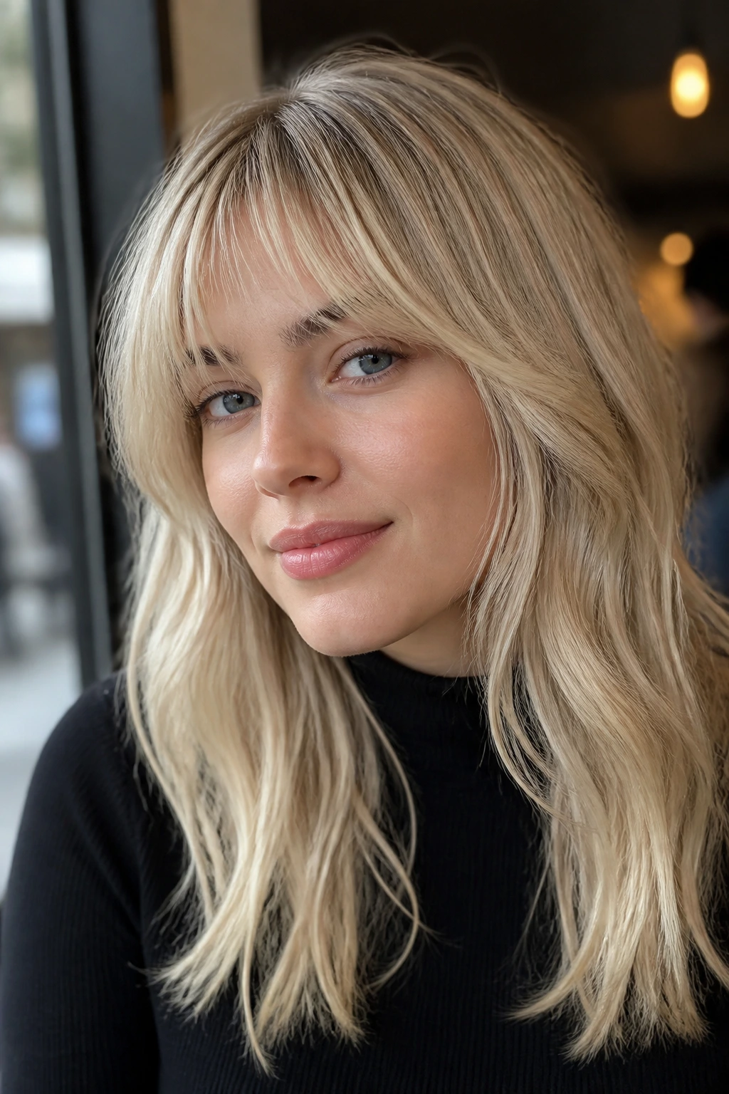 Portrait of a real woman with pearl blonde and wispy bangs