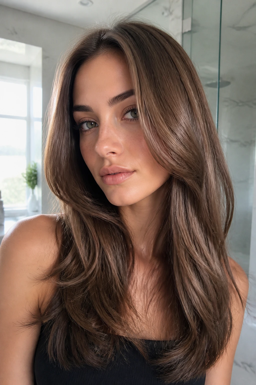 Close-up of a woman with pearl brown gloss for cool skin tones