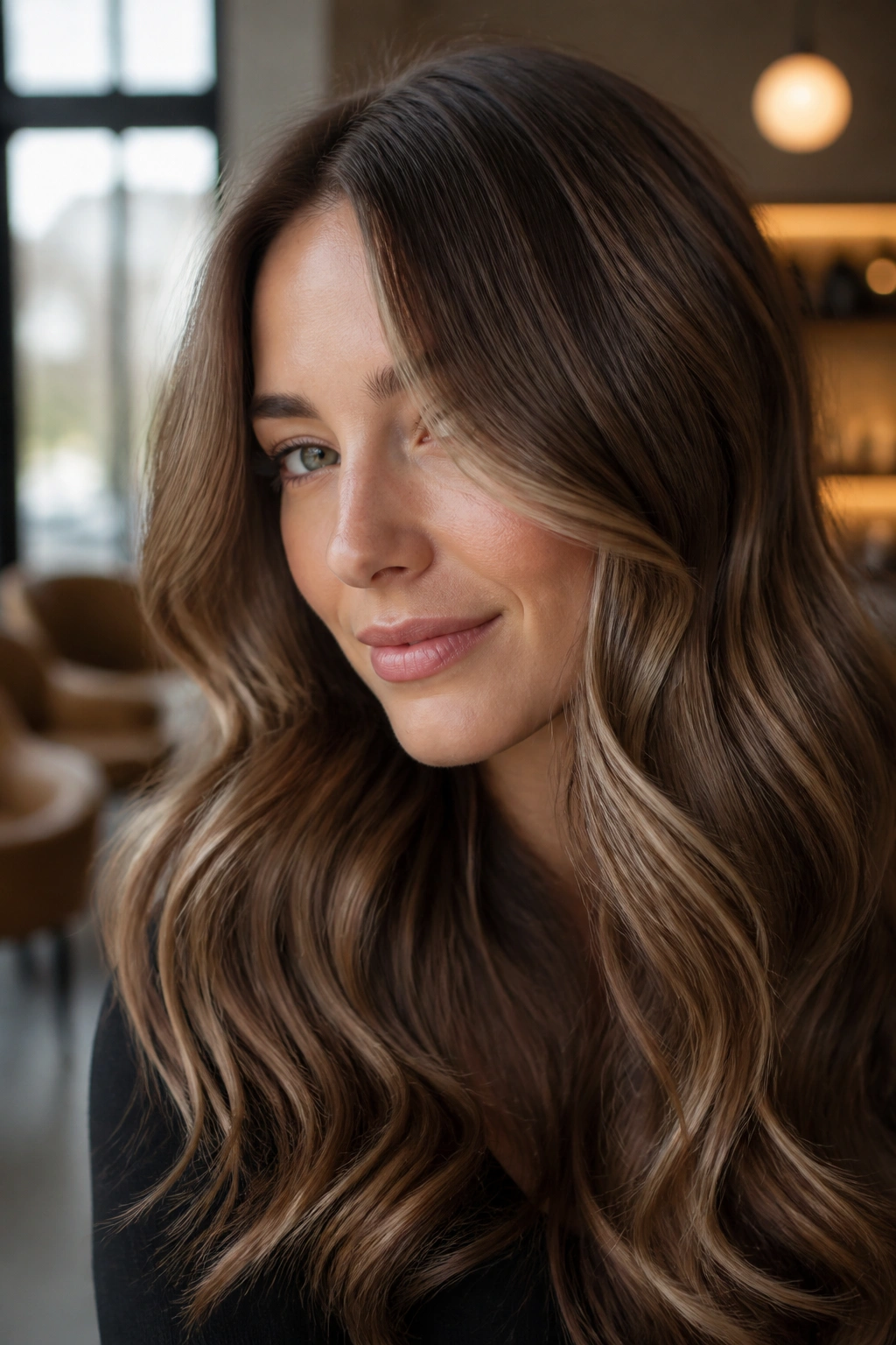 Close-up of brunette hair with pearl caramel gloss and pearl-beige sheen.