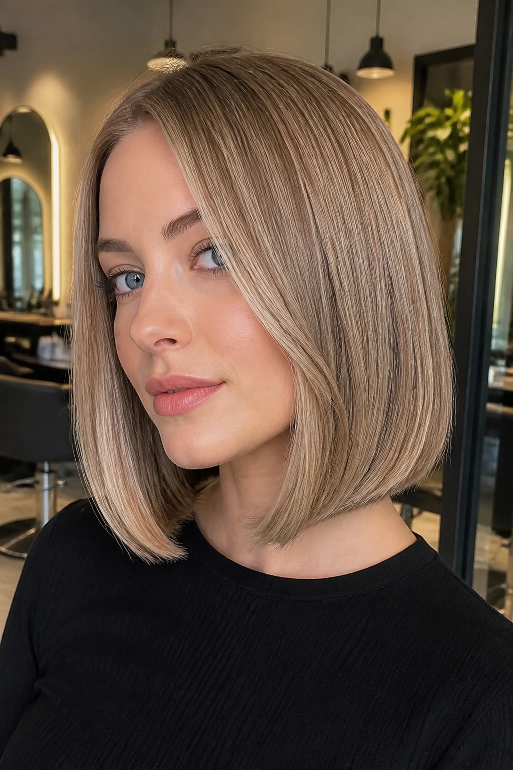 Portrait of a woman with pearl-gloss caramel lob haircut.