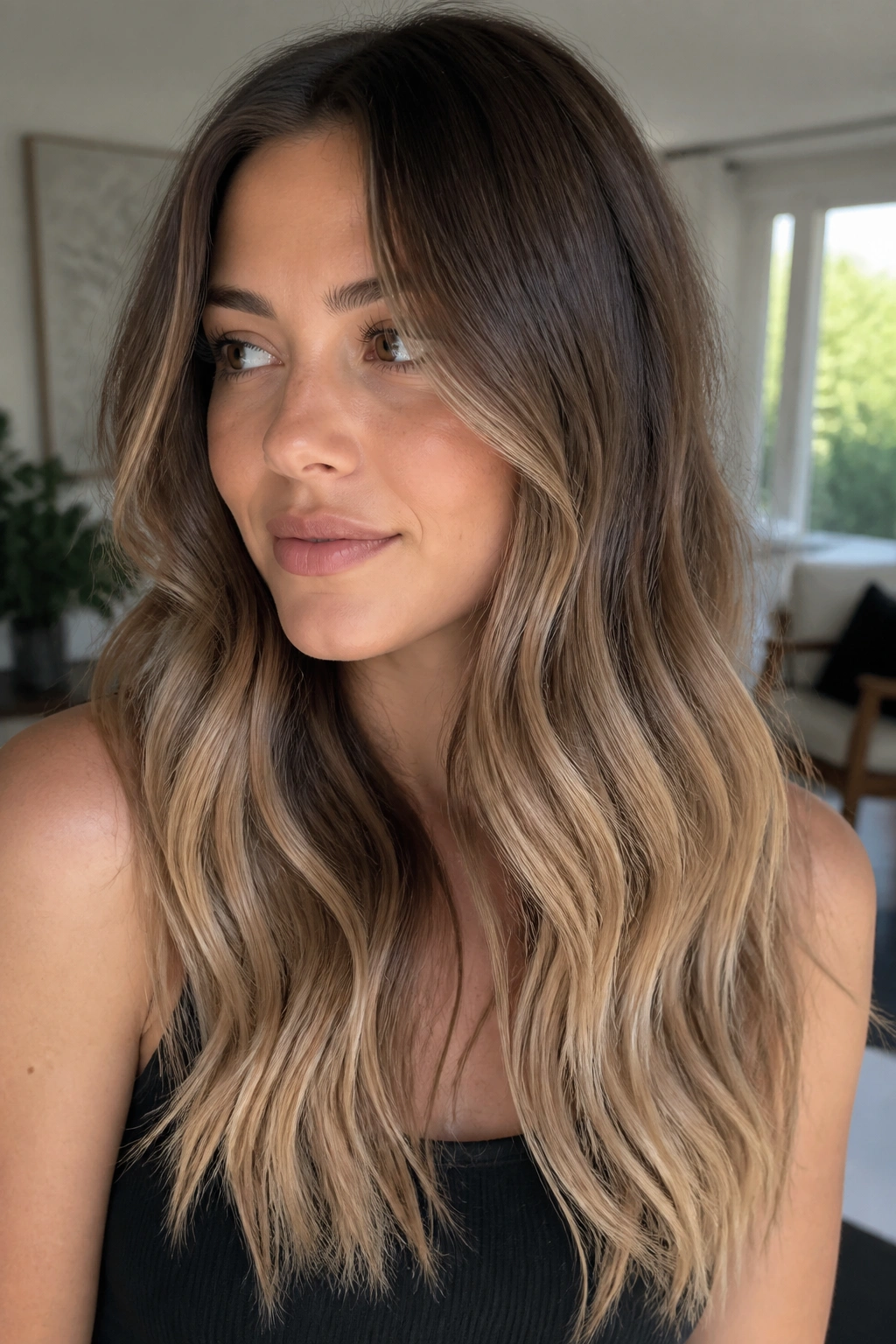 Close-up of real woman with pearl caramel melt on medium brown hair