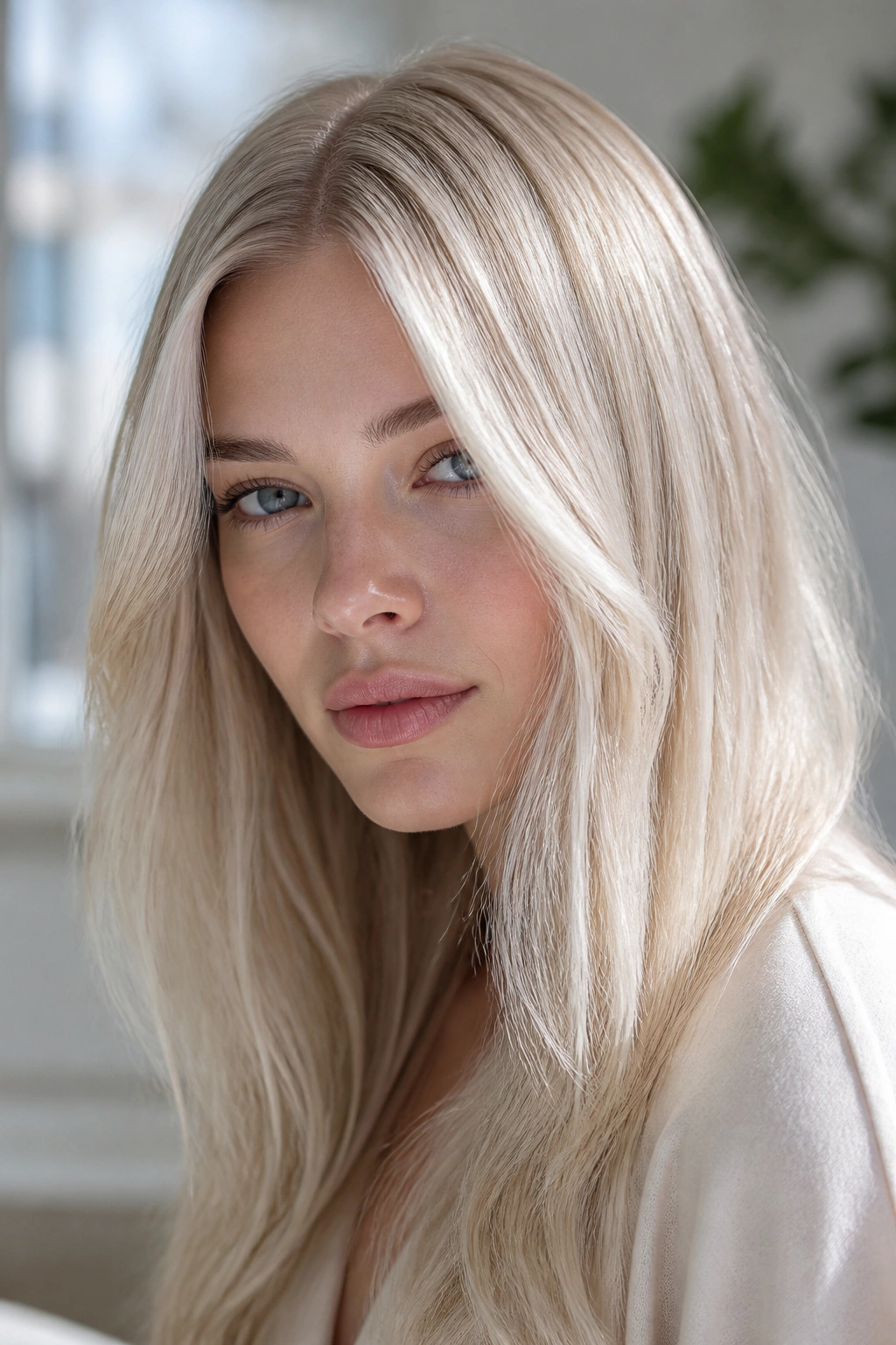 Close-up of a real woman with pearl champagne blonde hair and shell-like shine