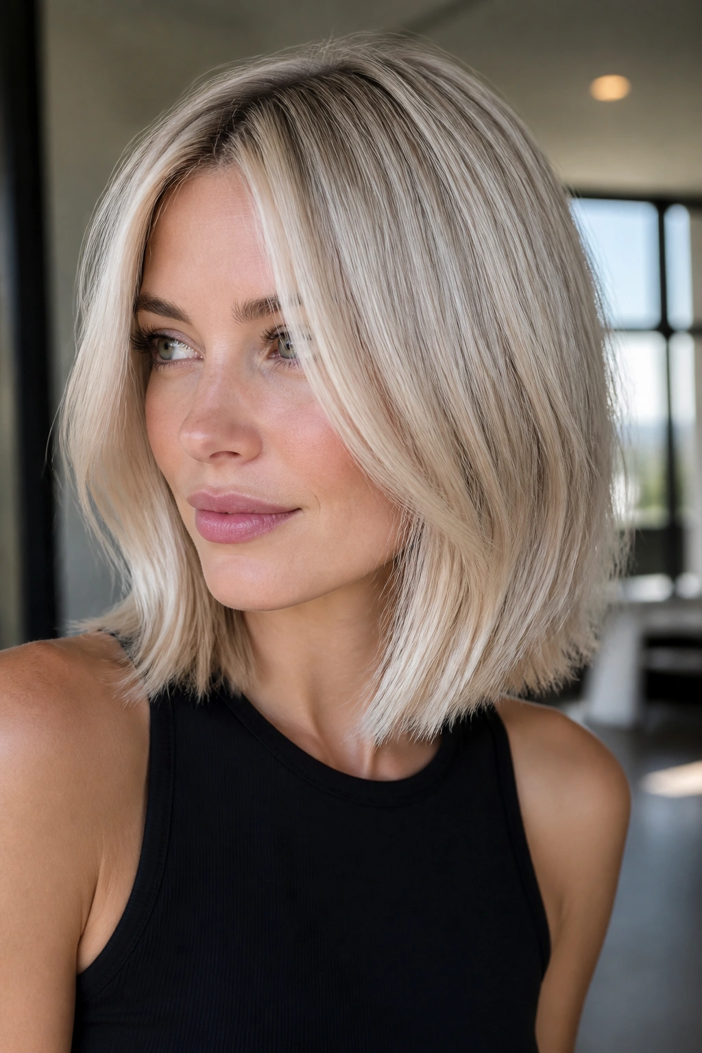 Close-up of a real woman with pearl champagne hair in a fine hair bob