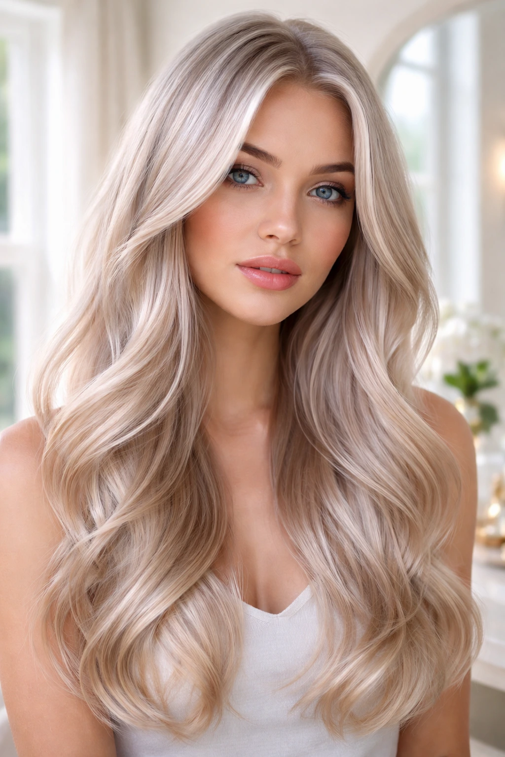 Close-up of a real woman with pearl champagne hair and cool undertones