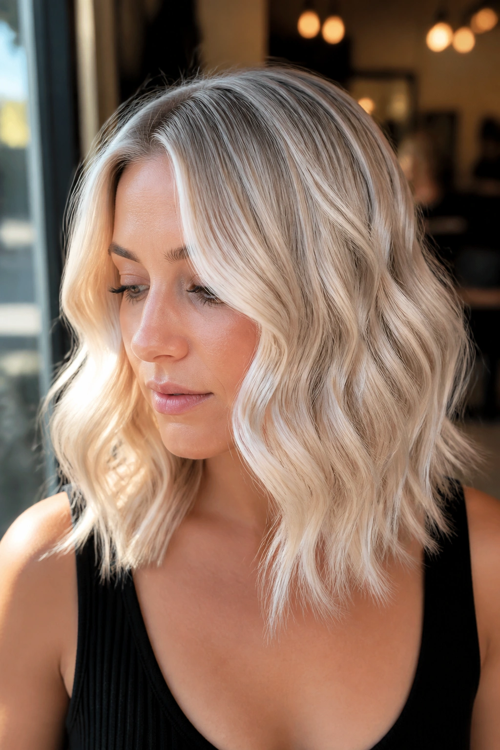 Close-up of a real woman's face with pearl champagne waves in shoulder-length hair