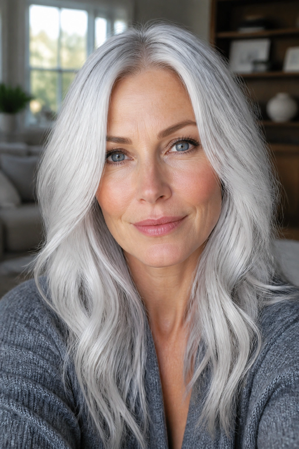 Portrait of a person with pearl frost silver hair in warm living room light