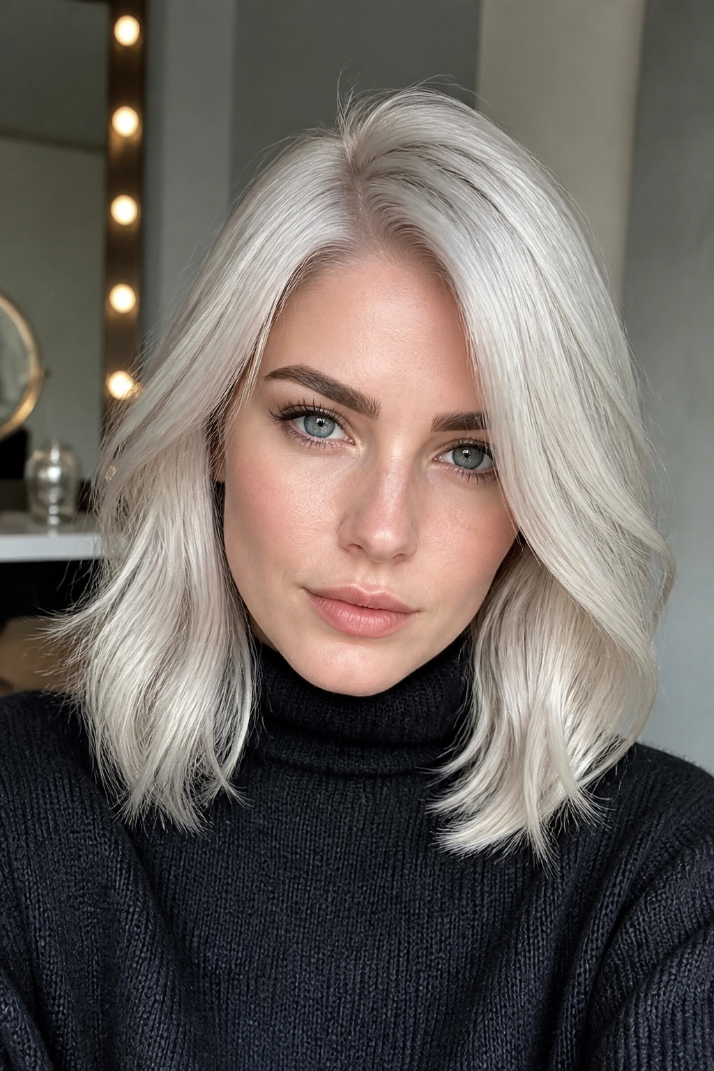Close-up portrait of a real woman with platinum hair and pearl glaze