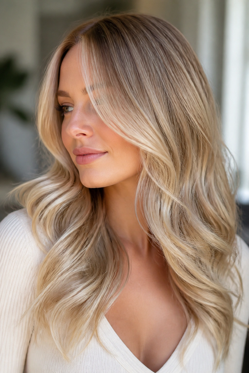 Real woman with pearl-glazed buttery blonde melt in natural daylight.