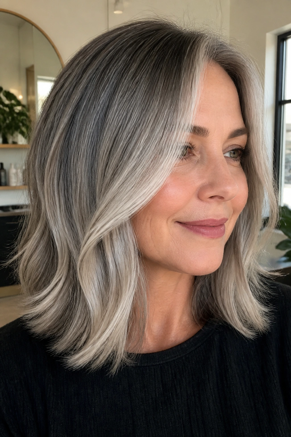 Close-up of a shoulder-length lob with diagonal pearl gray balayage on a real person.