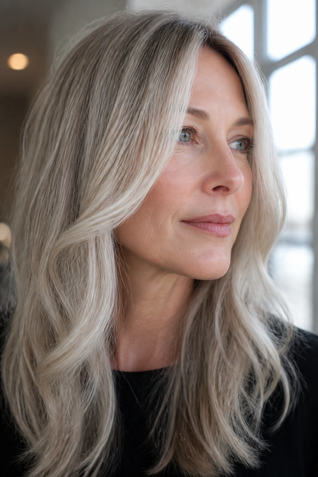 Face-framing pearl gray blonde portrait