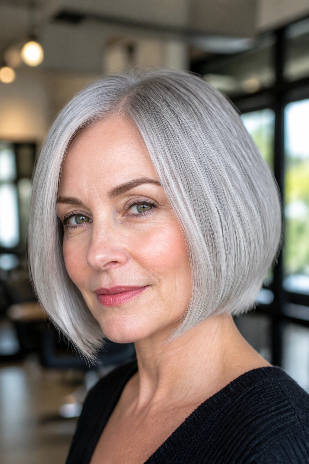 Close-up of a woman with a pearl gray bob in bright salon light