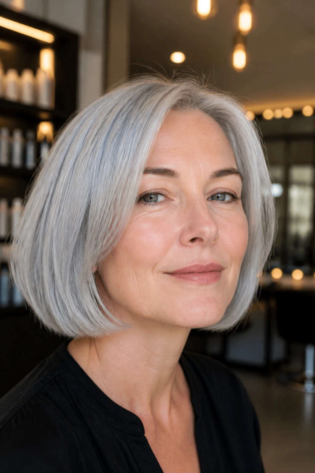 Portrait of a woman with a pearl gray bob in a chic salon.