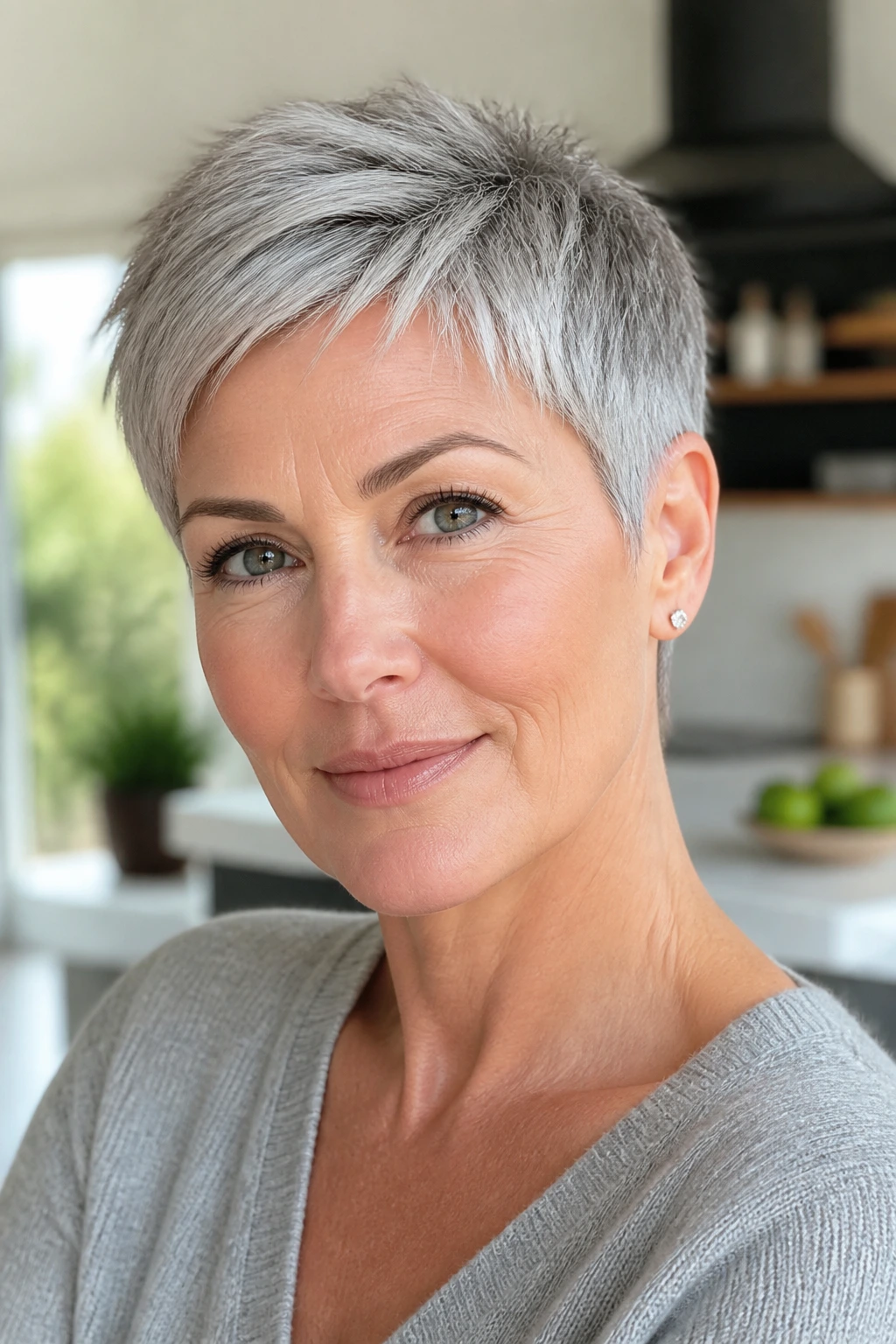 Close-up portrait of a real person with a pearl gray crop hairdo in bright natural light