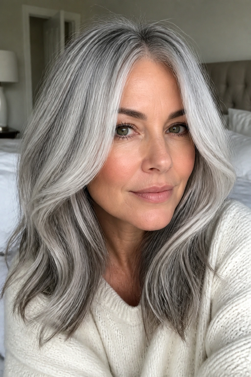 Close-up portrait of a real woman with pearl gray hair and dimensional lowlights framing the face