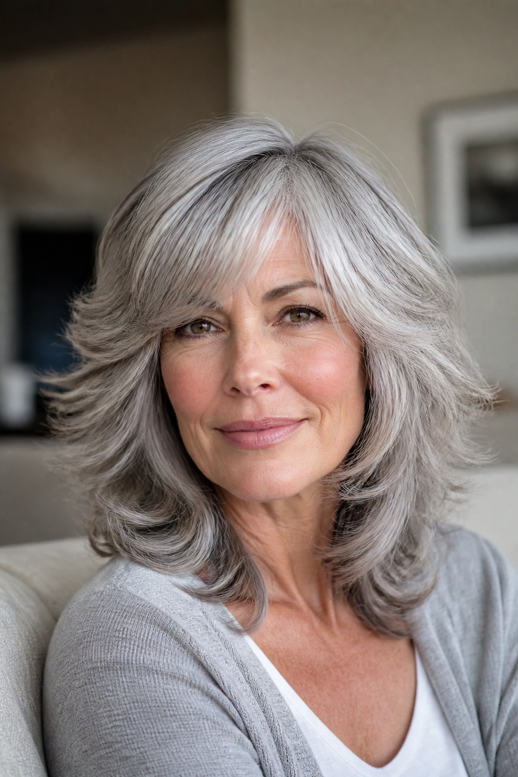 Close-up portrait of a real woman with pearl gray shag hairstyle