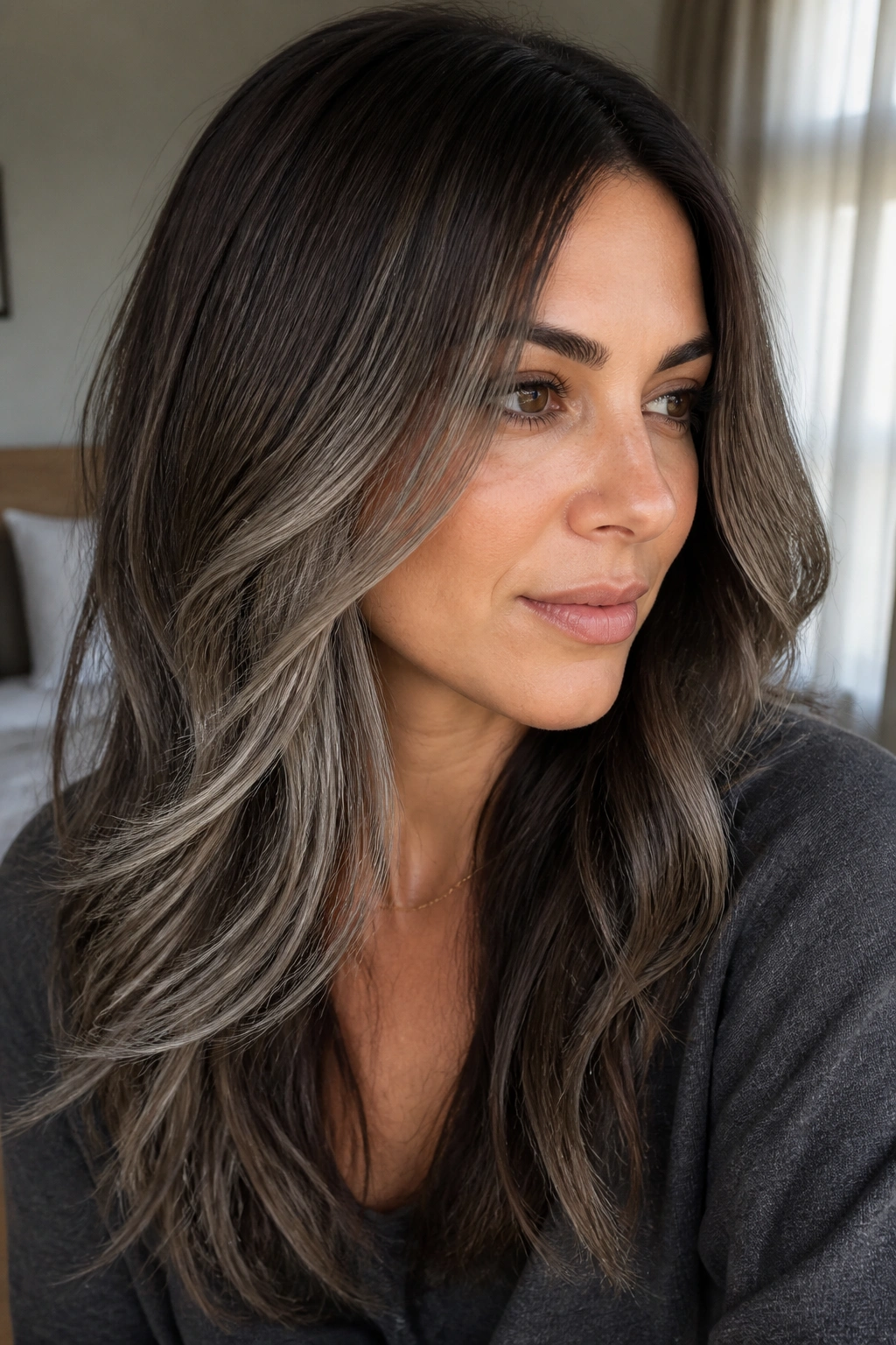Close-up of a real woman with pearl gray veil on warm brunette hair