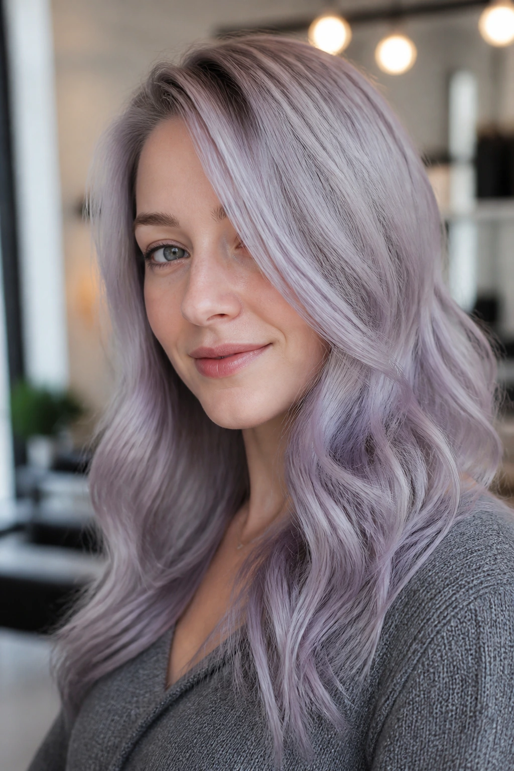 Close-up of a woman with pearl gray hair and violet veil in daylight