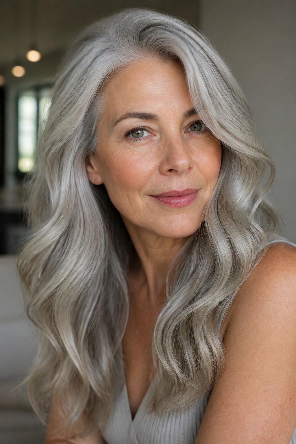 Close-up portrait of a real woman with pearl gray waves hairstyle.
