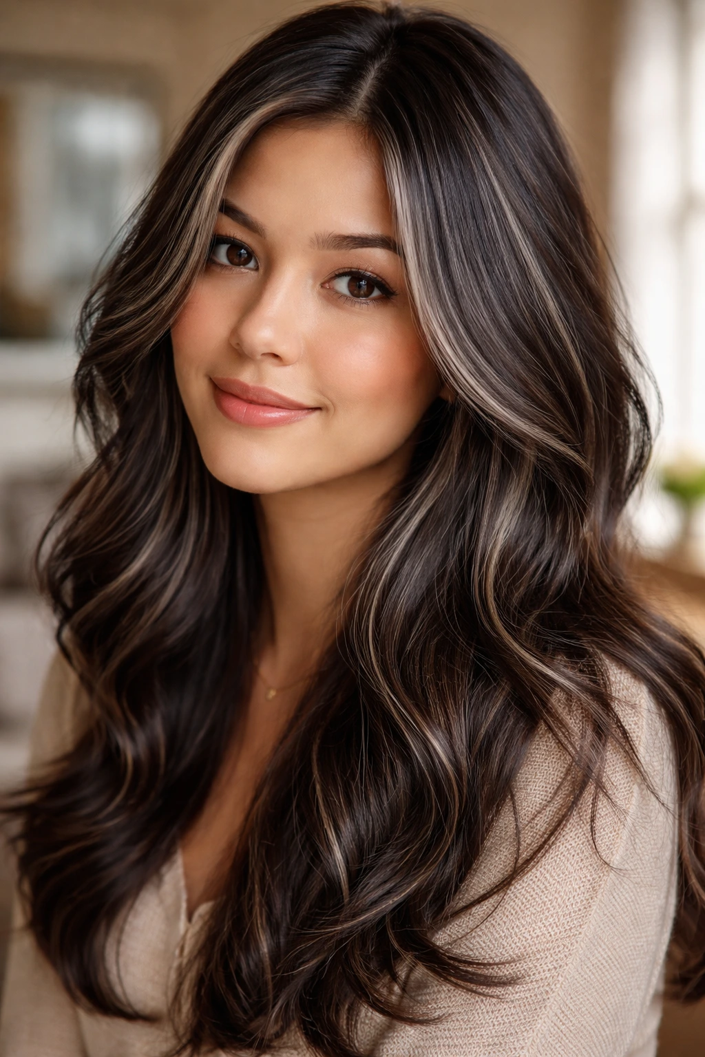 Close-up of a real woman with dark brown hair and subtle pearl grey babylights