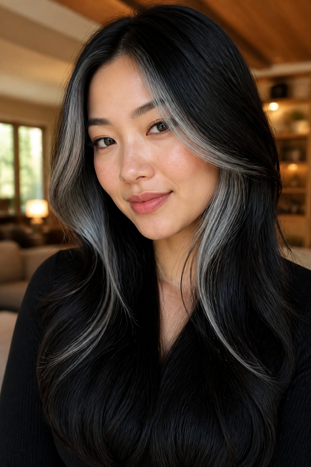 Close-up portrait of a real woman with a pearl grey face frame on a long black cut.