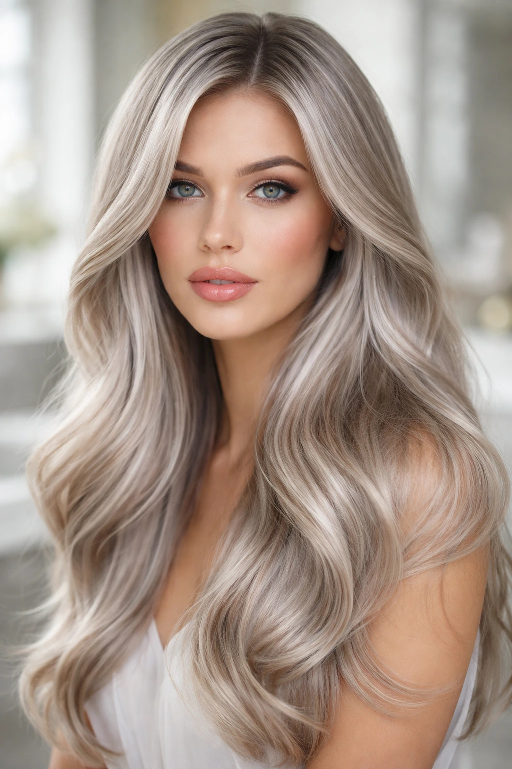 Close-up portrait of a real woman with glossy pearl-grey hair under natural bathroom light