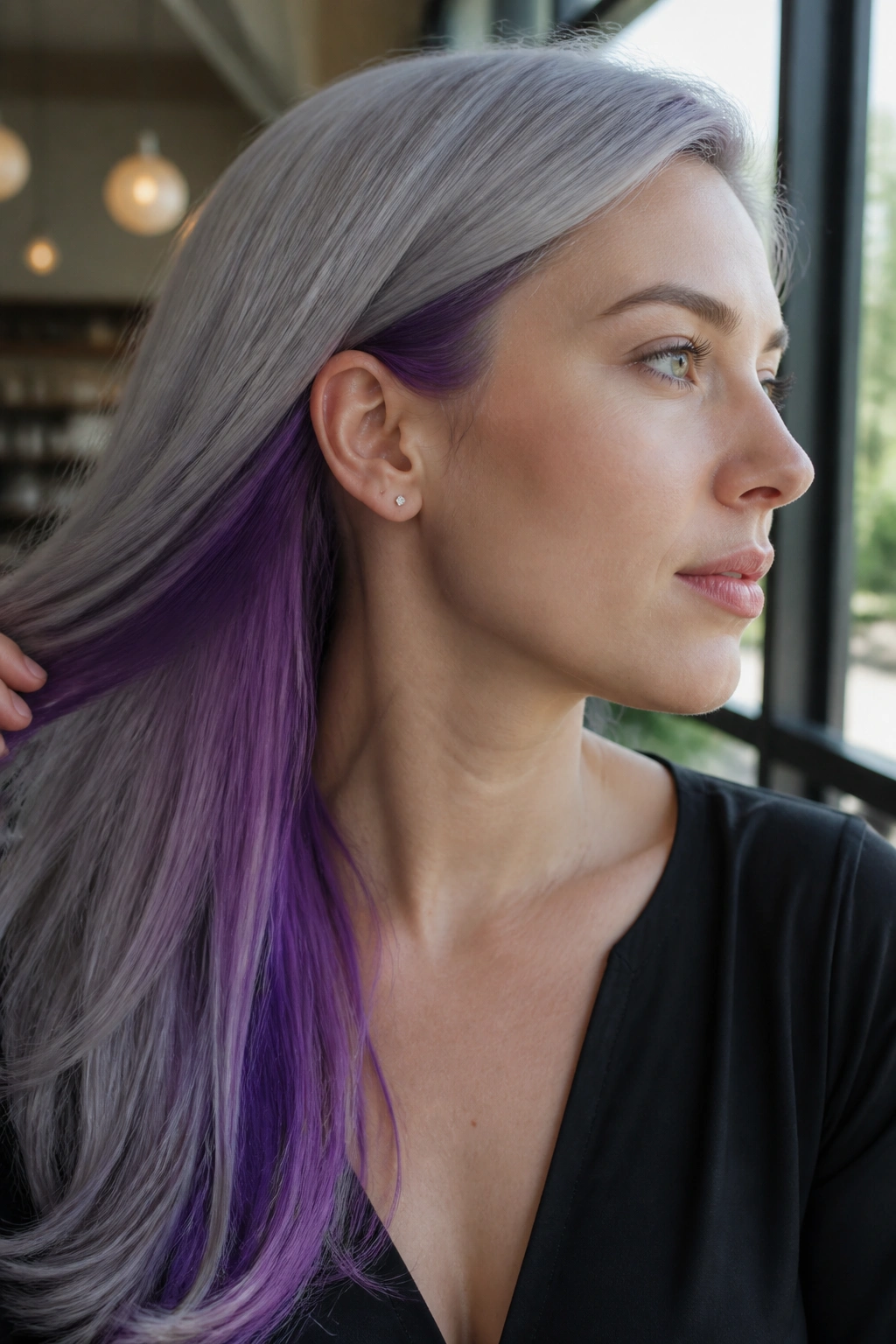 Portrait showing pearl grey hair with purple underlights in natural light