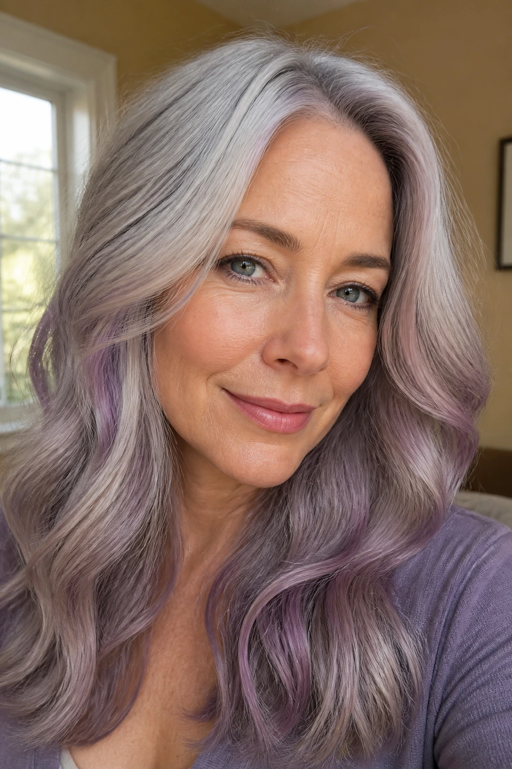 Close-up of pearl grey hair with a hint of violet veil on a real person