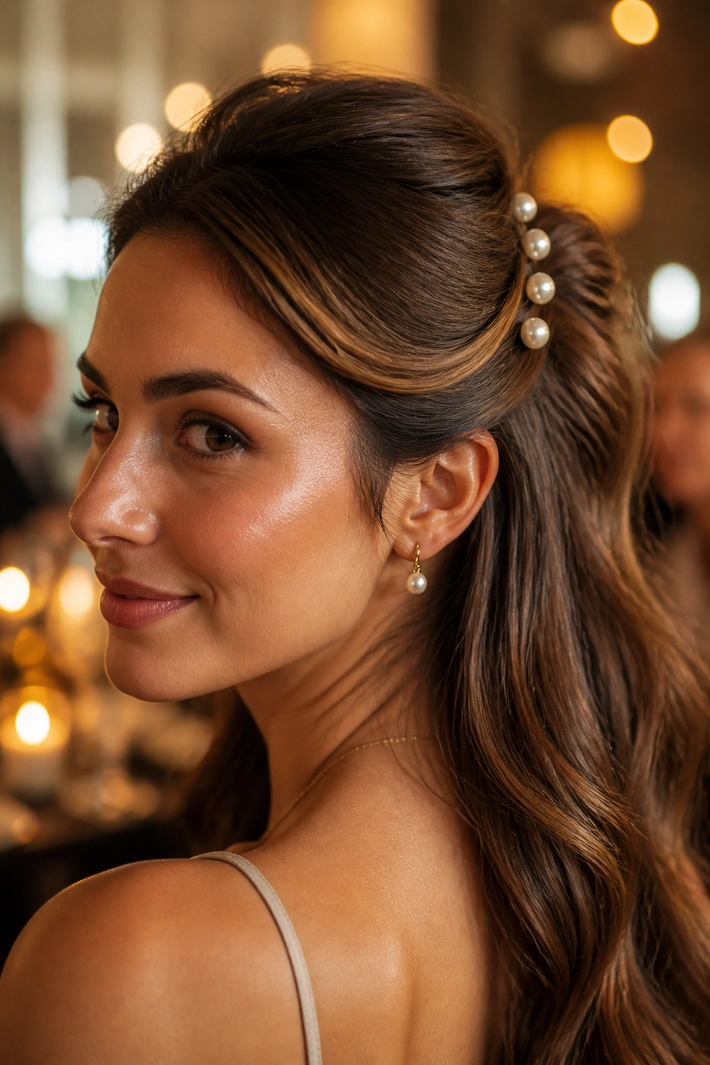 Real woman with pearl-accented half-up ponytail featuring neatly placed pins