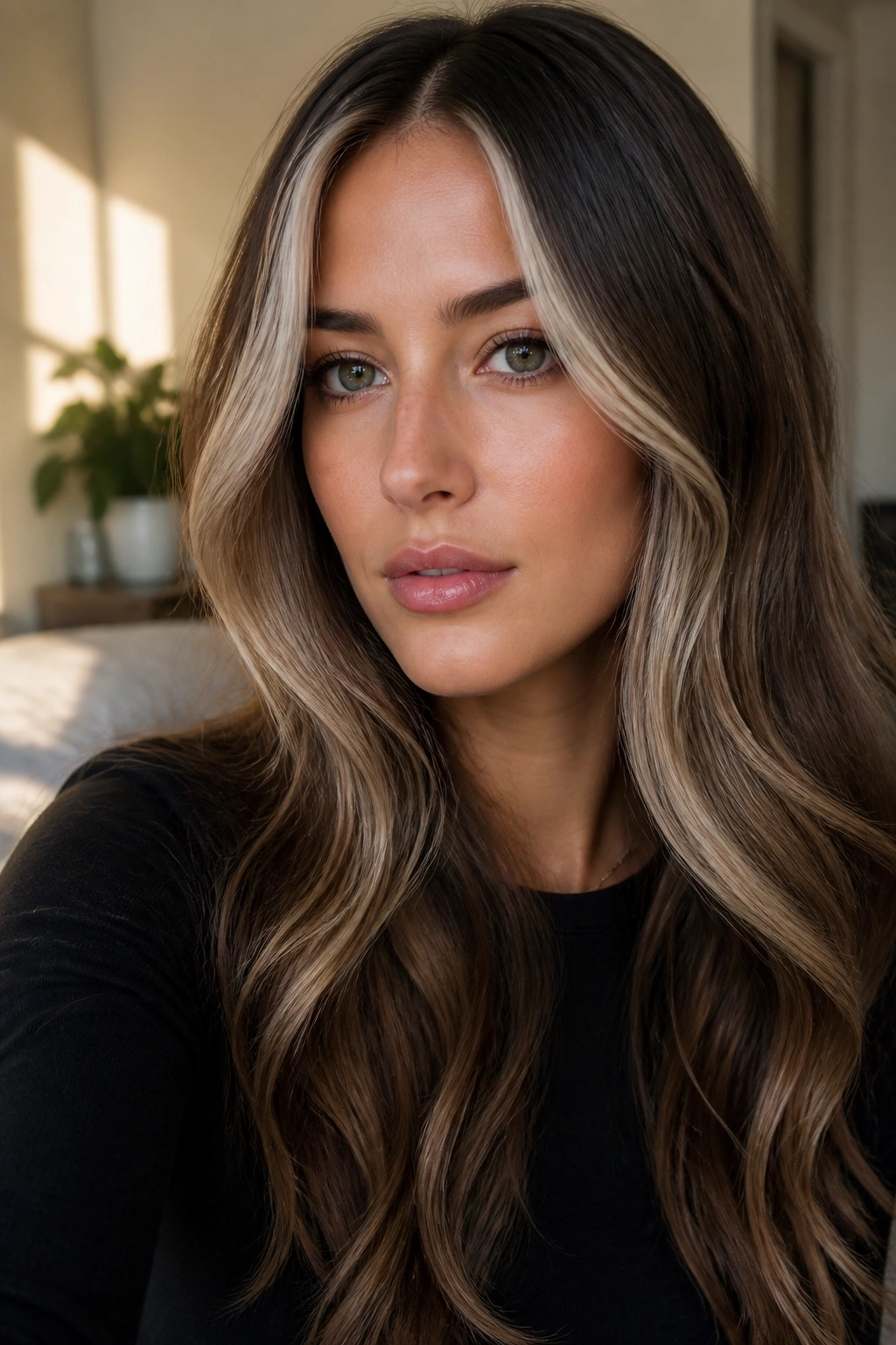 Close-up portrait of a real woman with pearl face-framing highlights around the face in warm window light