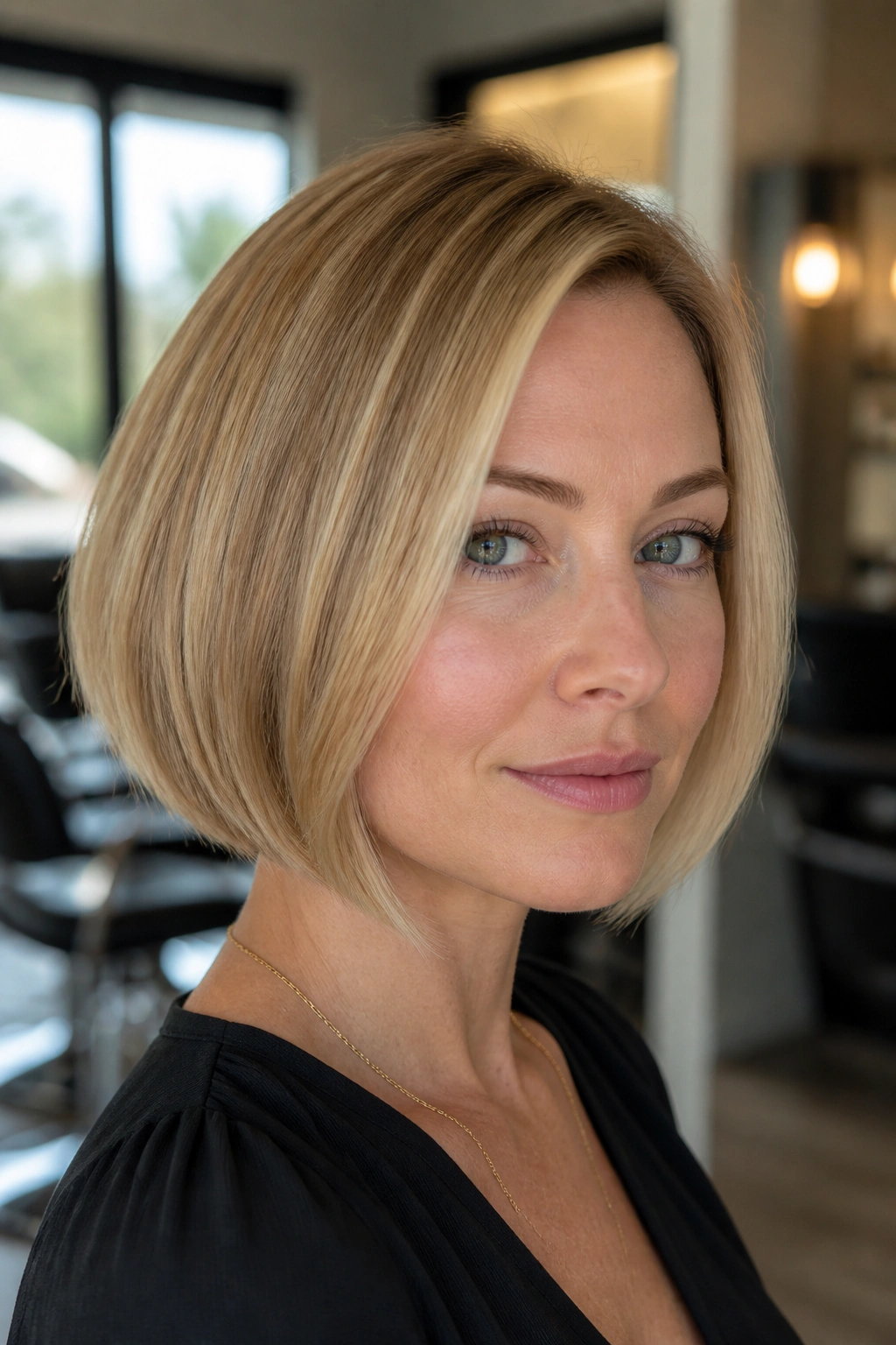 Close-up of a real woman's pearl honey blonde bob with crisp ends and cool glow.