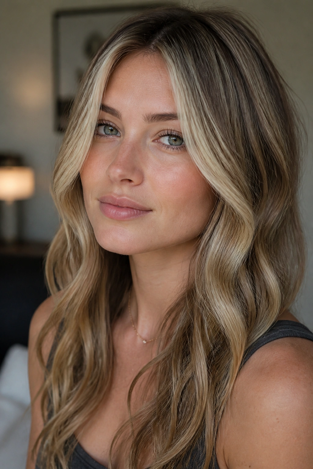 Real woman with pearl honey blonde face-framing ribbons around the face