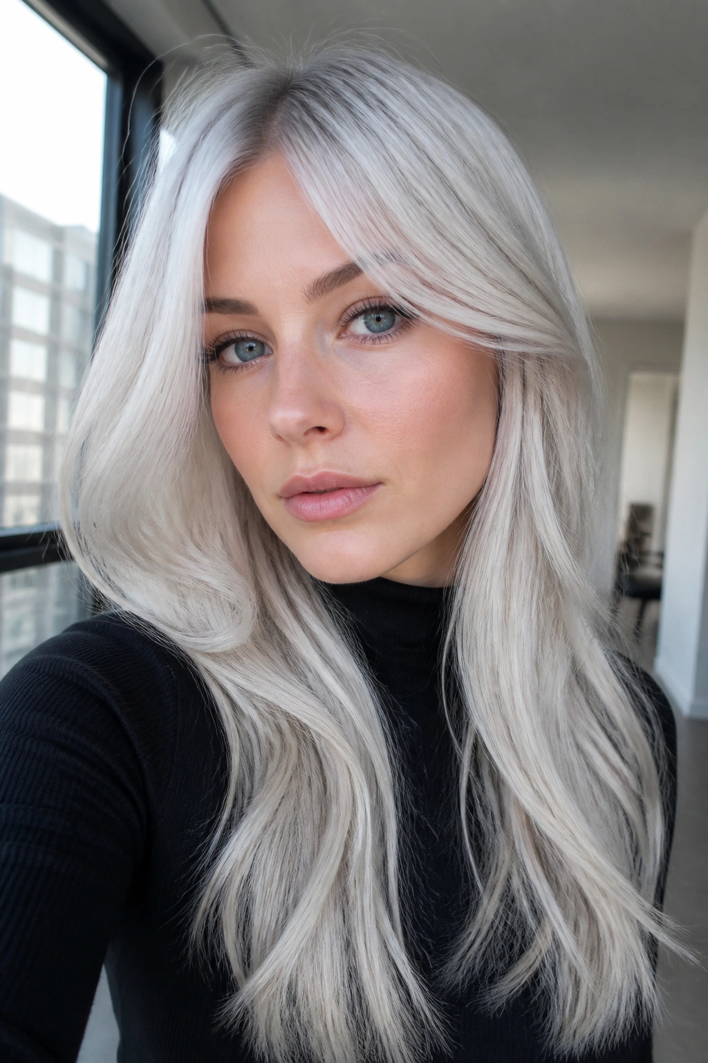 Close-up portrait of a real woman with pearl ice blonde hair in bright window light.