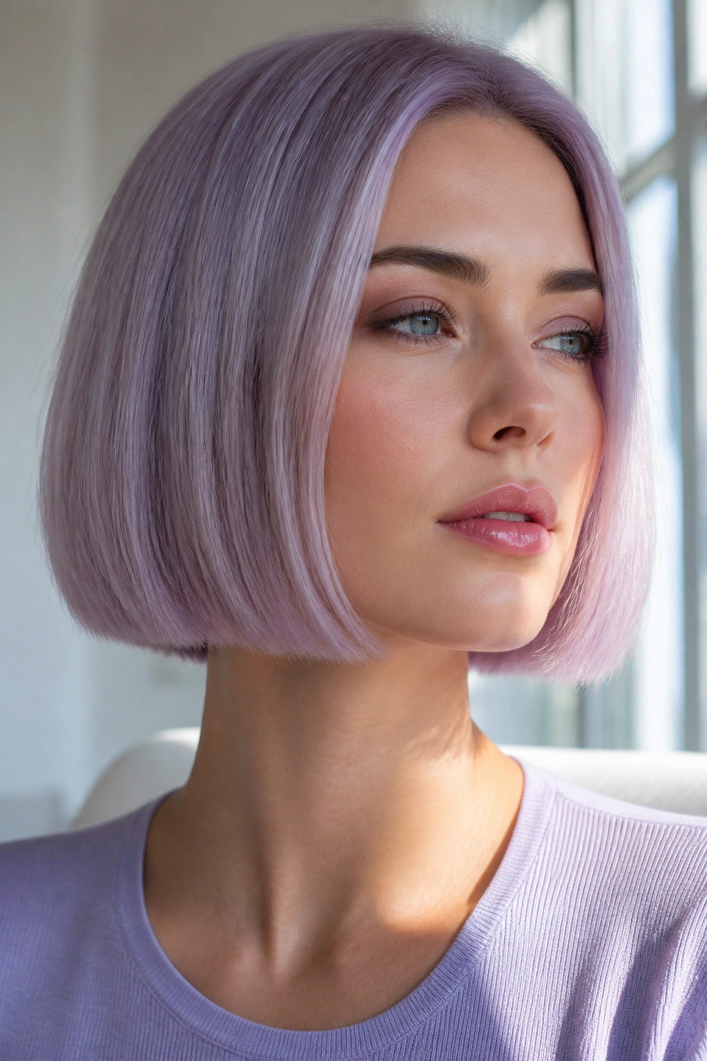 Close-up of real woman with pearl lilac bob hair