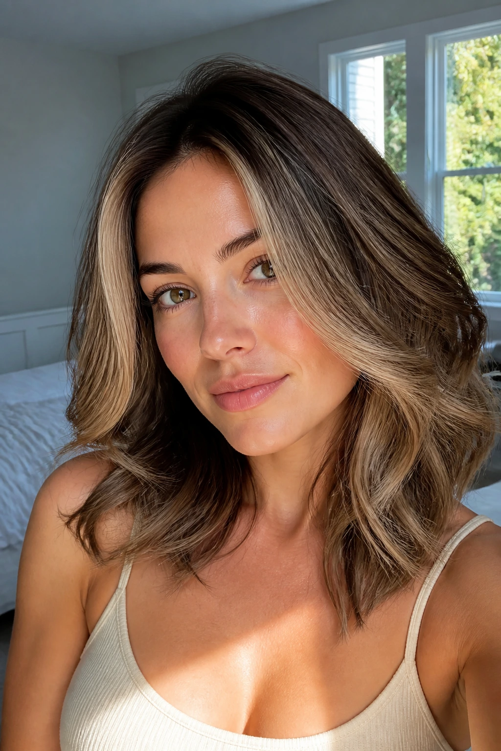 Close-up portrait of a real woman with pearl-lit bronde hair in cool beige to pale ash tones.