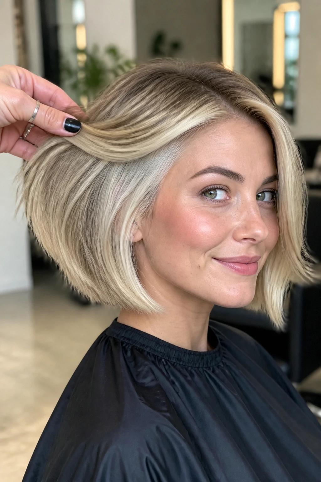 Close-up of a real woman with a short blonde bob showing pearl peekaboo underlayer near the front.
