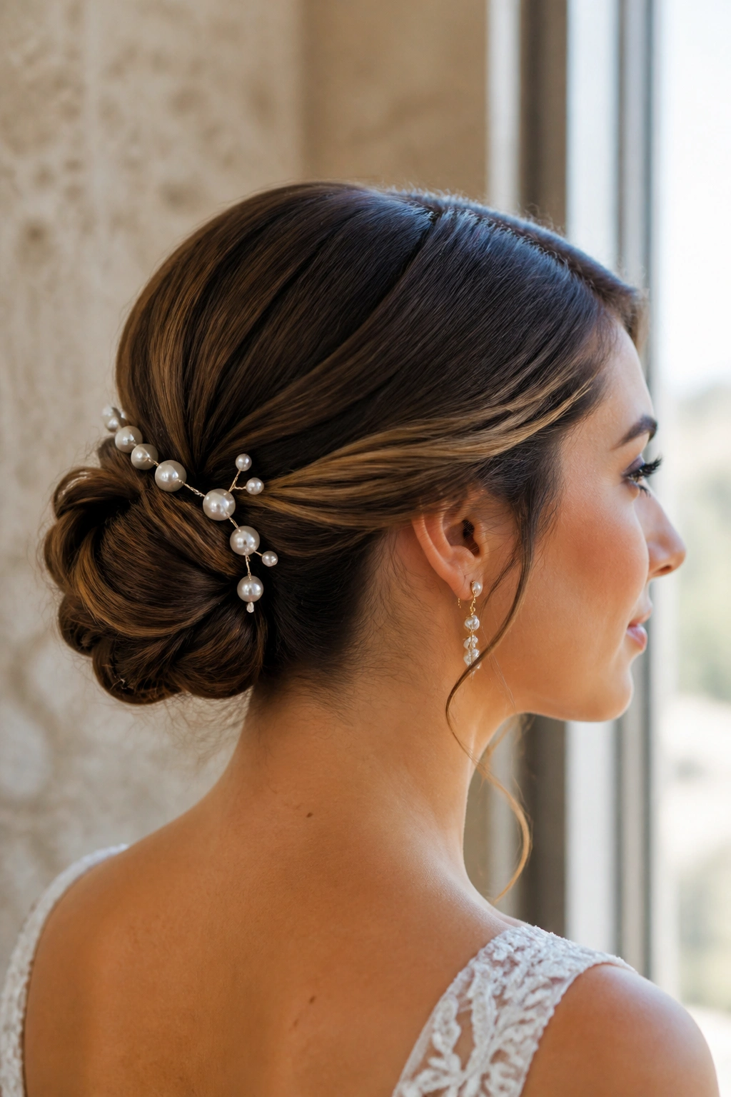 Side-profile of a bride with a pearl-pin chignon