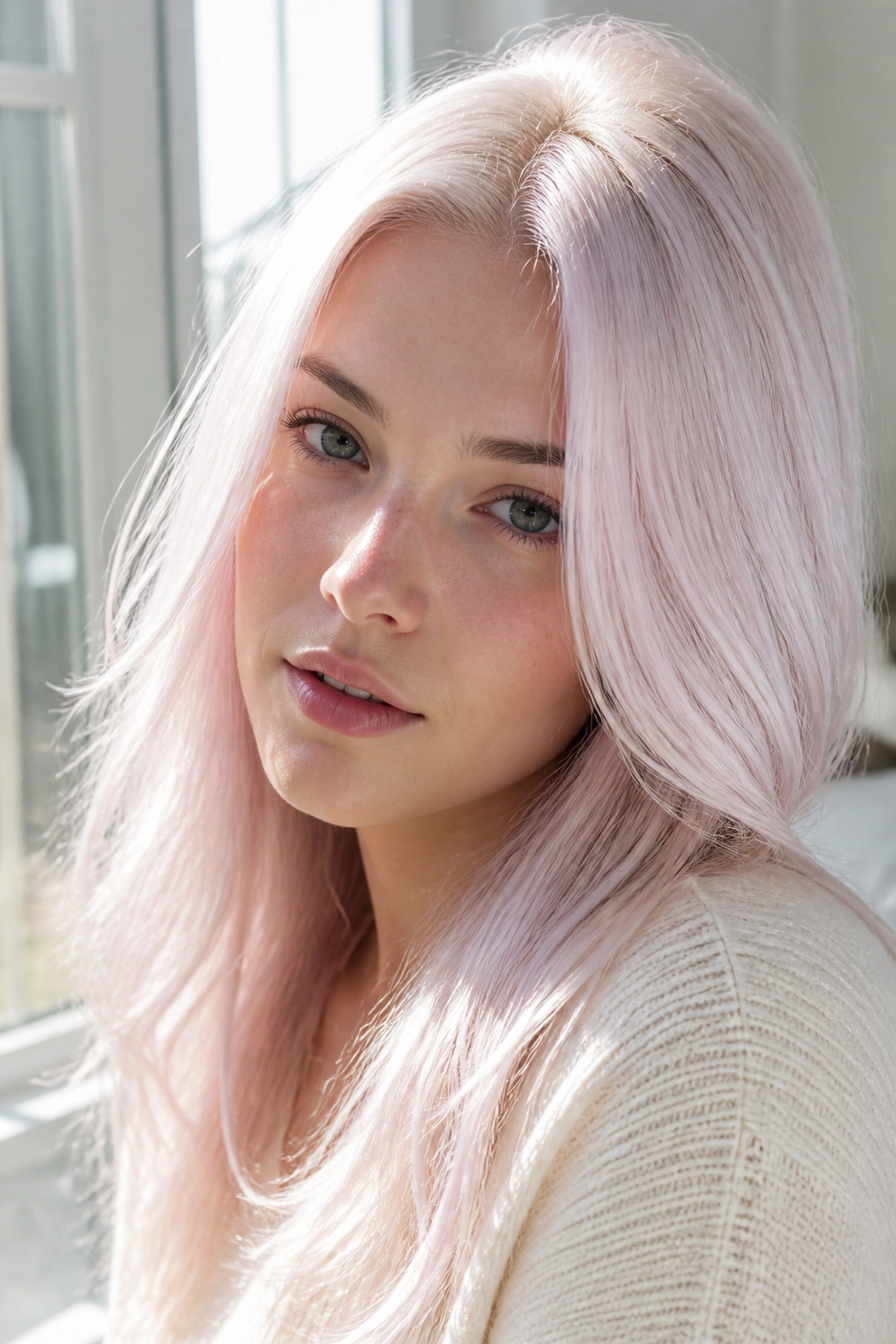 Close-up portrait of a real person with pearl pink platinum hair in bright window light