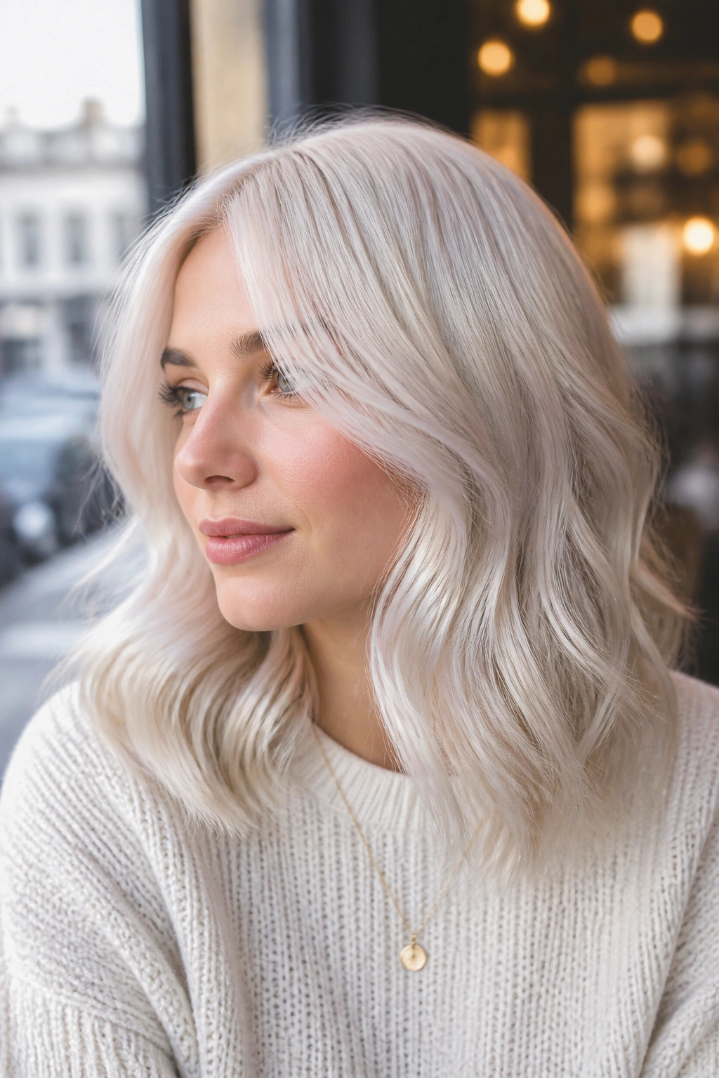 Portrait of a woman with pearl platinum hair and soft gloss