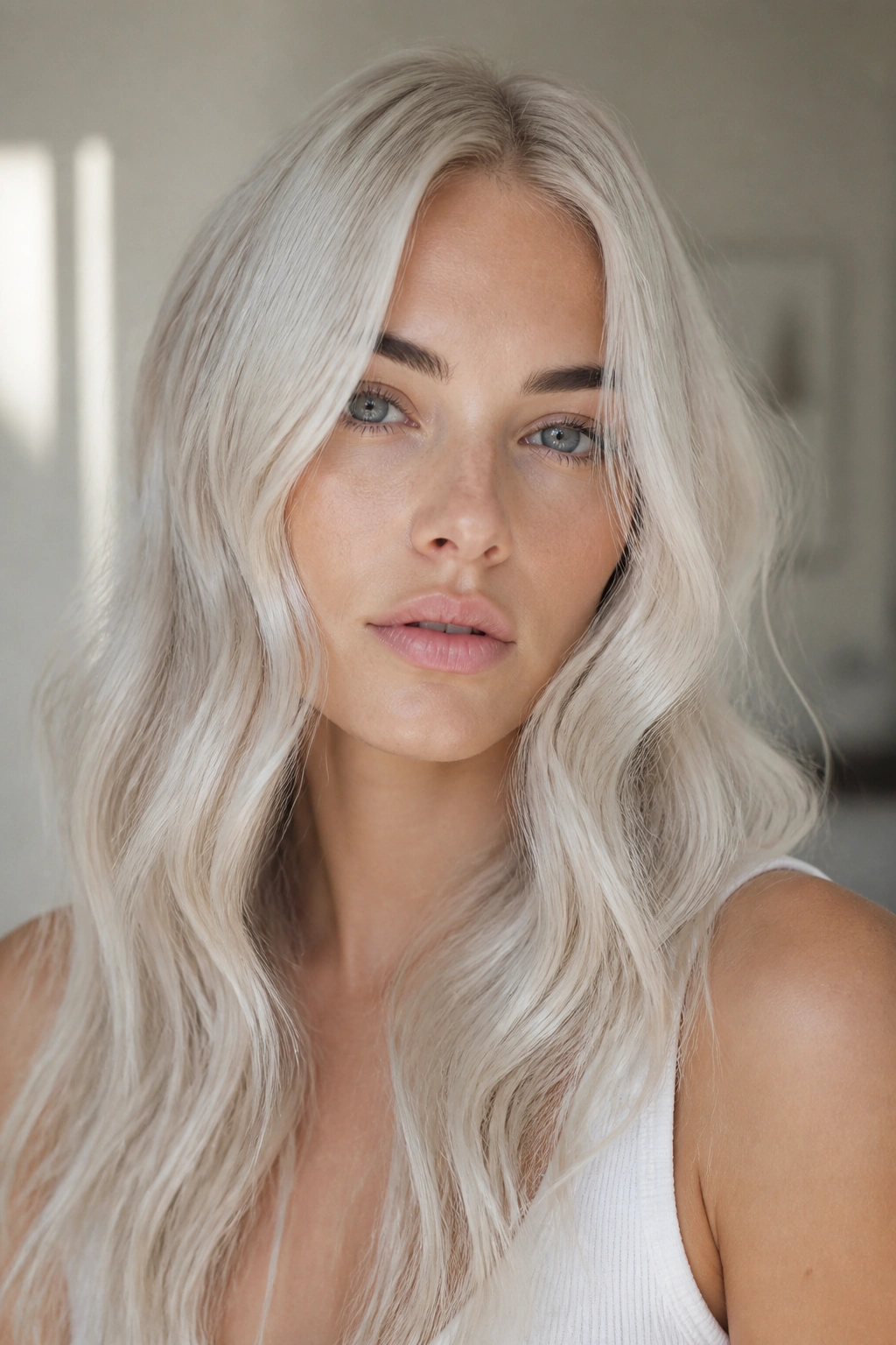 Close-up of a woman with pearl platinum hair and cool skin in a sunlit room