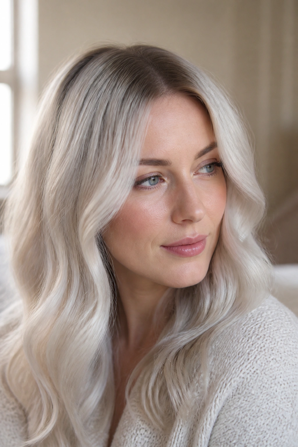 Real woman with pearl platinum hair and soft root shadow.