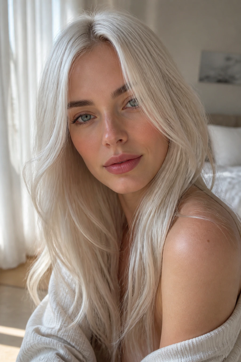 Close-up portrait of a real person with pearl platinum hair and milky icy sheen.