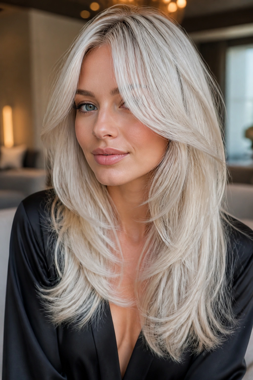 Close-up of a real person with pearl-platinum layers and feathered face frame