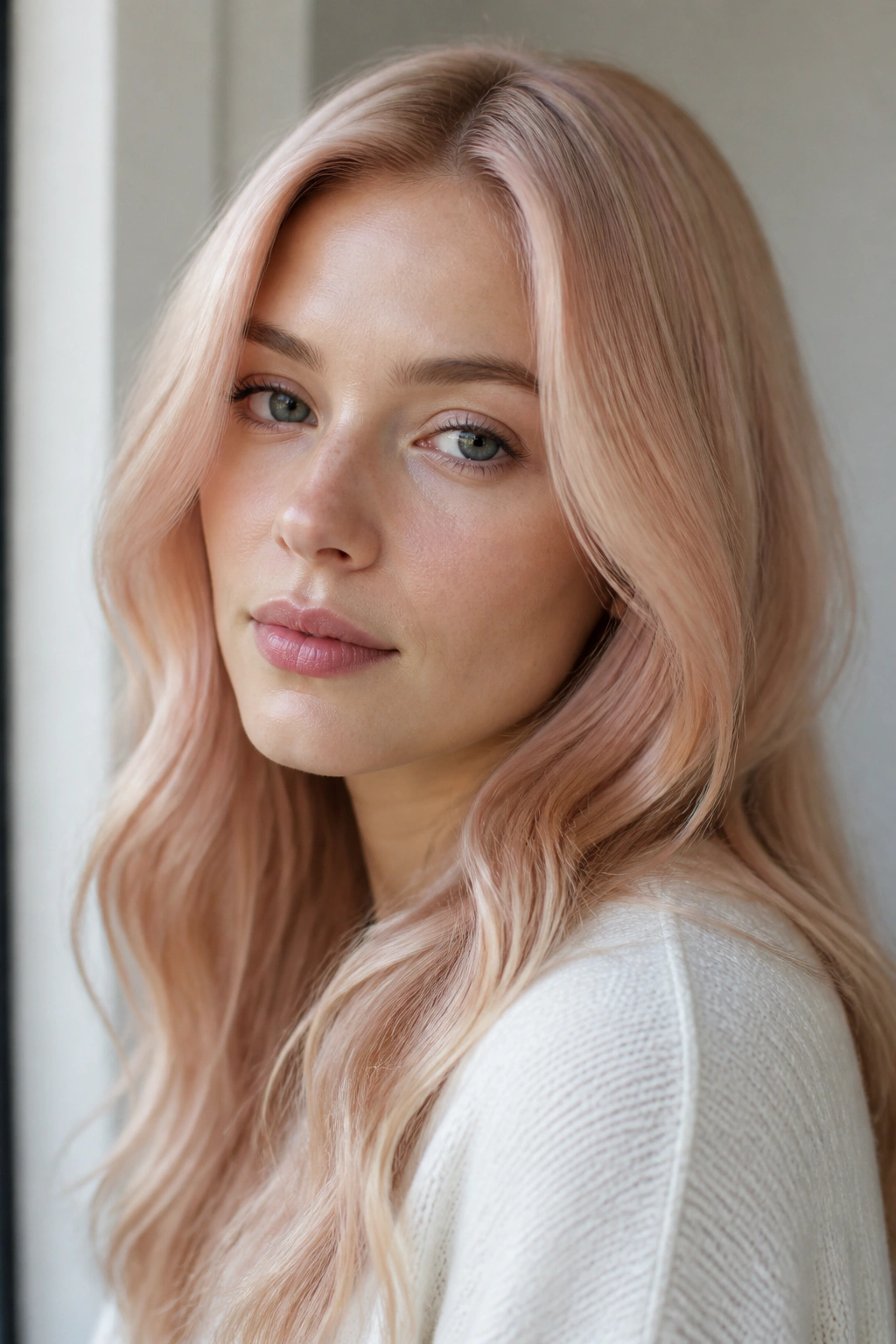 Close-up of a woman with pearl rose blonde hair in soft indoor light