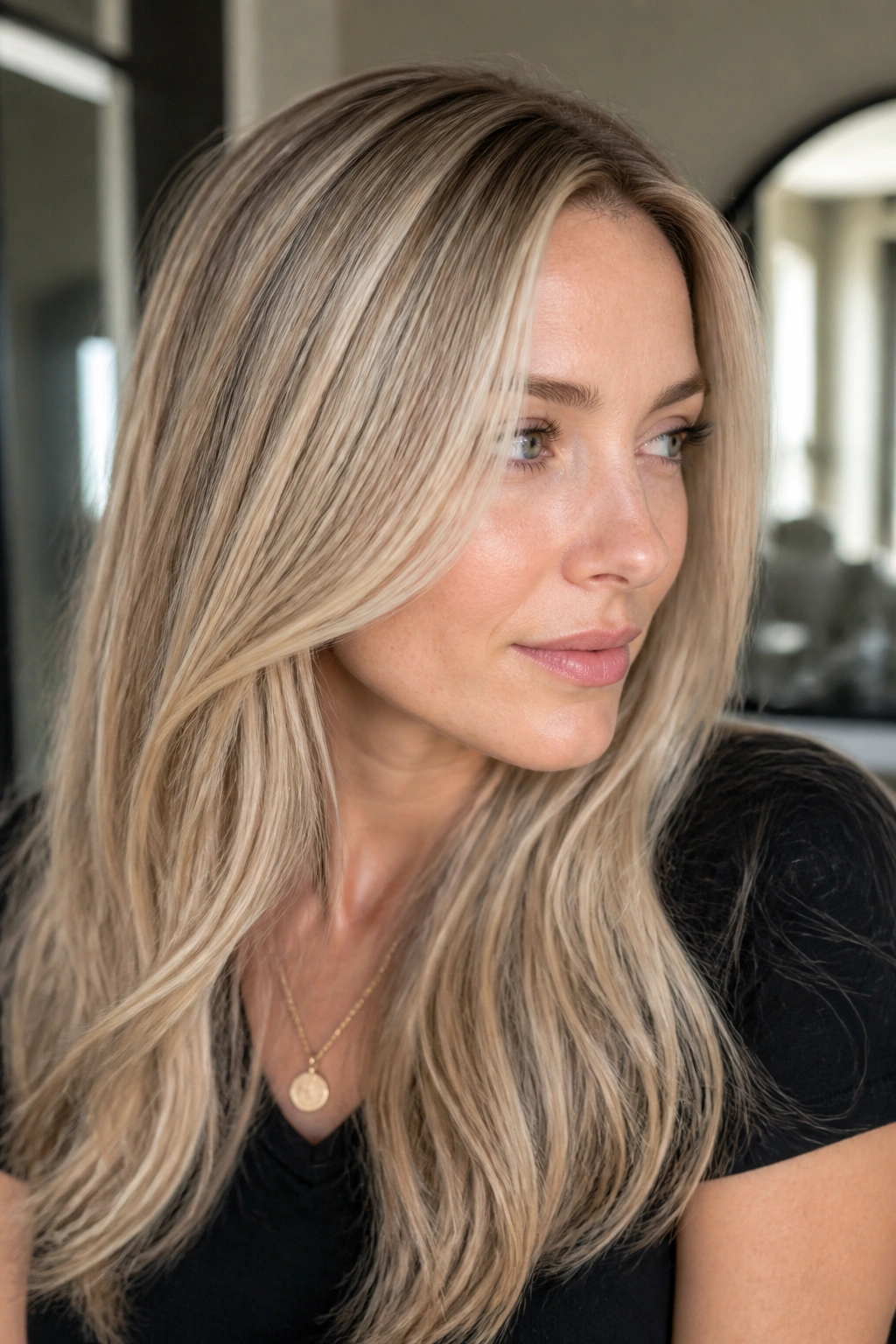 Close-up of a woman with pearl-sand beige blonde highlights around the hairline